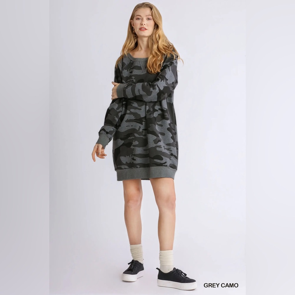 Umgee French Terry Camo Print Raw Edged Dress - Picture 2 of 5